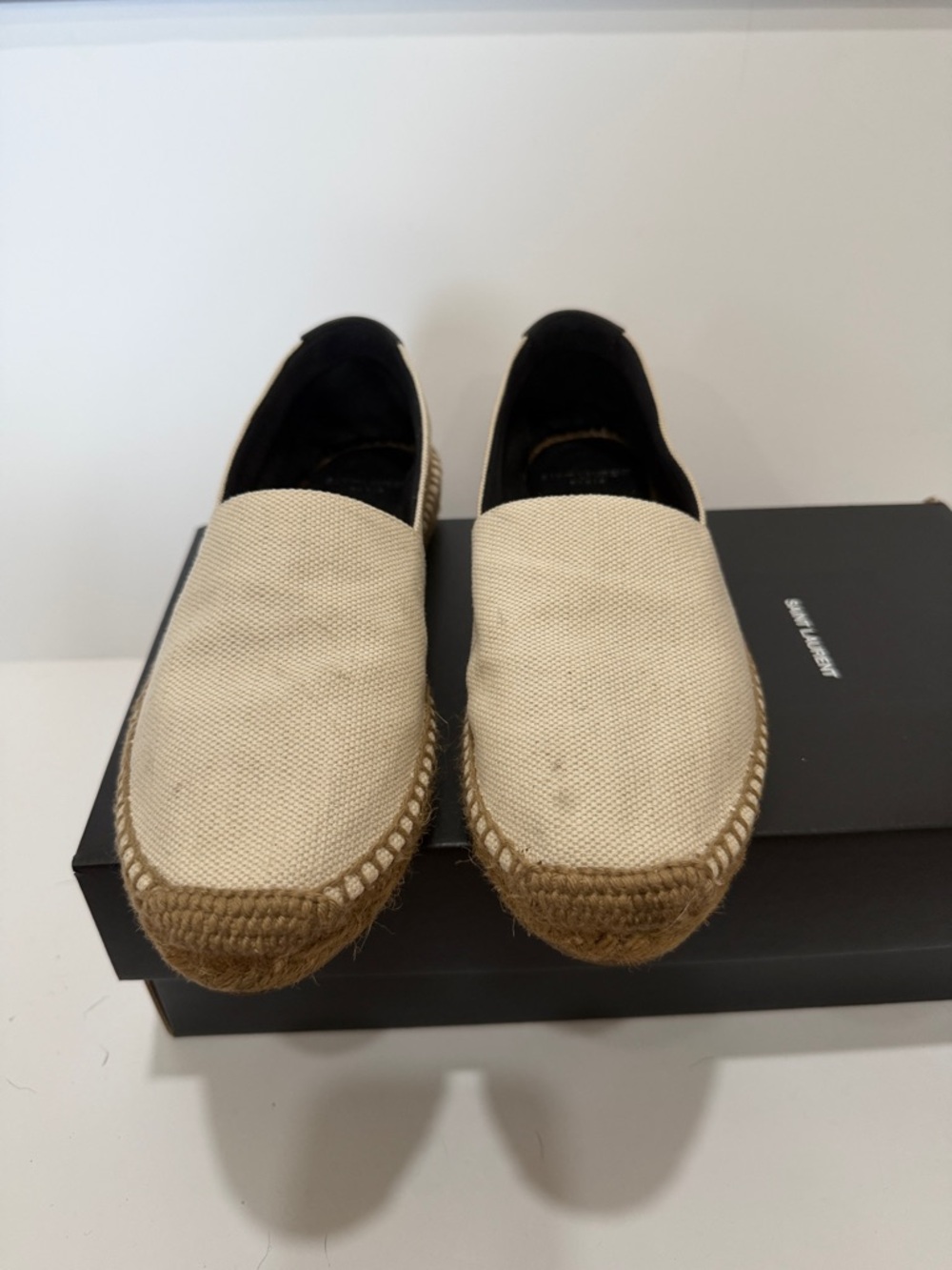 Yves Saint Laurent Cream Canvas Espadrille Flats with Black Trim - Picture 3 of 6